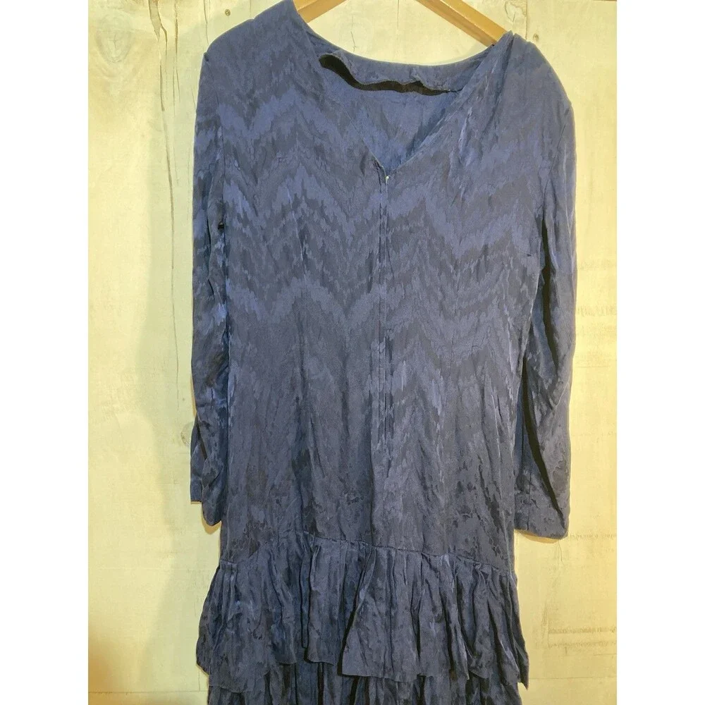 Vintage 90s Ruffle Hem Dress Women Sz 14 Blue Silk Long Sleeve Jacquard Cocktail - Picture 6 of 9
